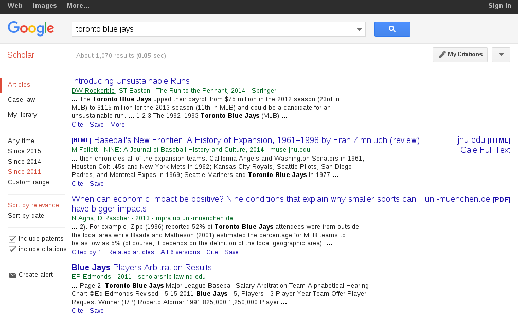 Google Scholar results for 'Toronto Blue Jays' search