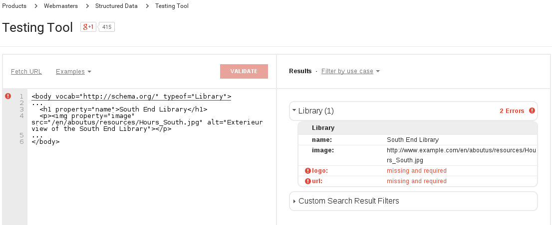 Google Structured Data Testing Tool shows missing logo and url properties