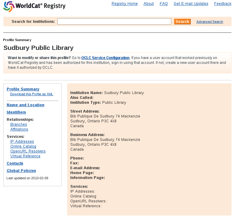 WorldCat Registry showing almost no data for Greater Sudbury Public Library
