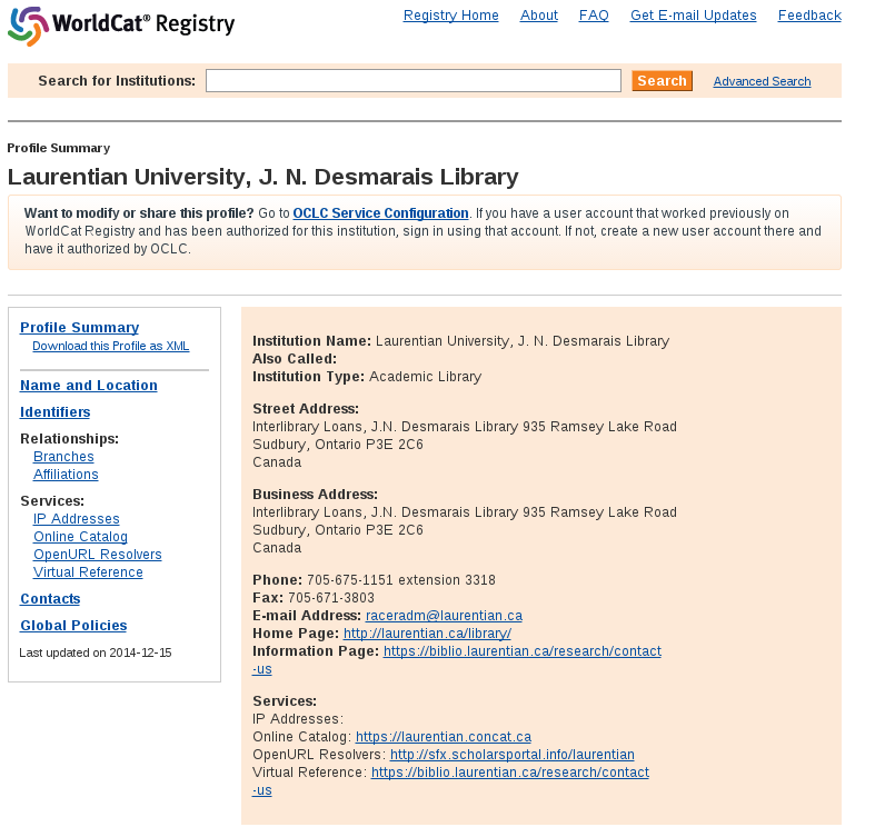WorldCat Registry showing some data for J.N. Desmarais Library