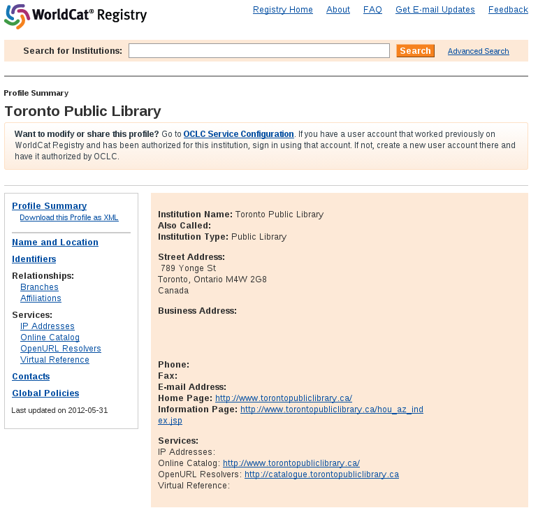 WorldCat Registry showing almost no data for Toronto Public Library