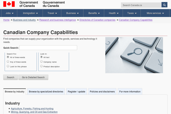 Screenshot of Canadian Company Profiles basic search interface
