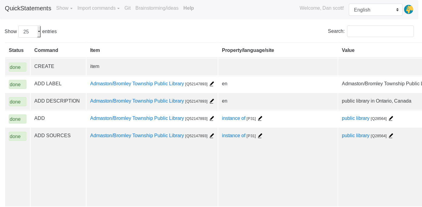 Screenshot of QuickStatements web page