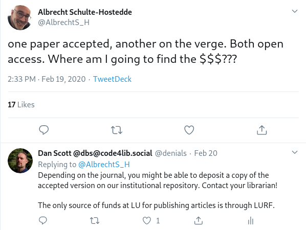 Tweet from researcher wondering how they will pay the fees for two open access articles; response says contact your librarian