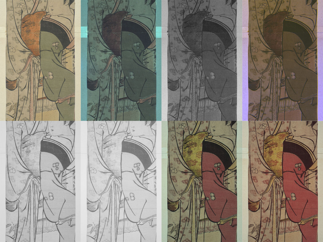 grid of images showing the same detail of print under ultraviolet and infrared radiation and with false color