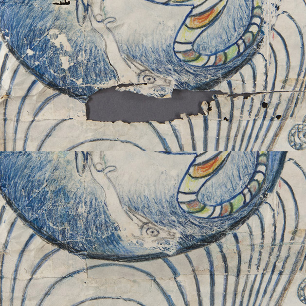 detail of drawing with before treatment at top and after treatment at bottom