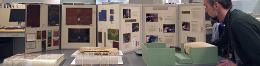 Presentation posters showing historical book structures and materials
