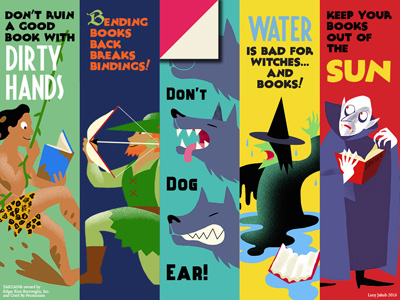 five bookmarks featuring Tarzan, Robin Hood, Cerberus, The Wicked Witch of the West, and Dracula